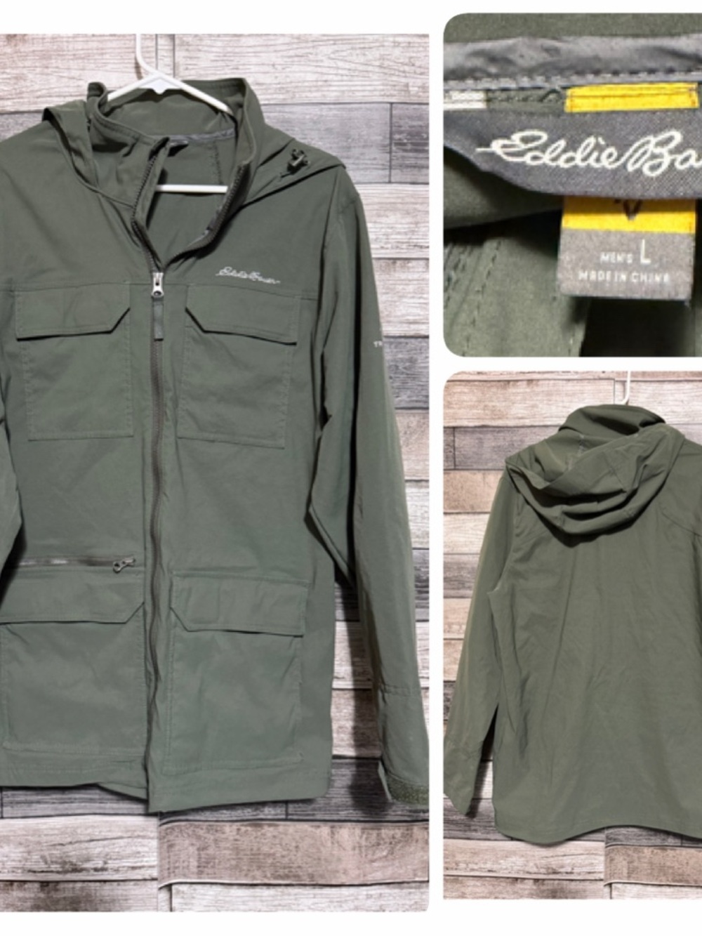 Eddie Bauer Travex Utility Hiking Jacket Men’s L Green Stow Away Hood Full Zip